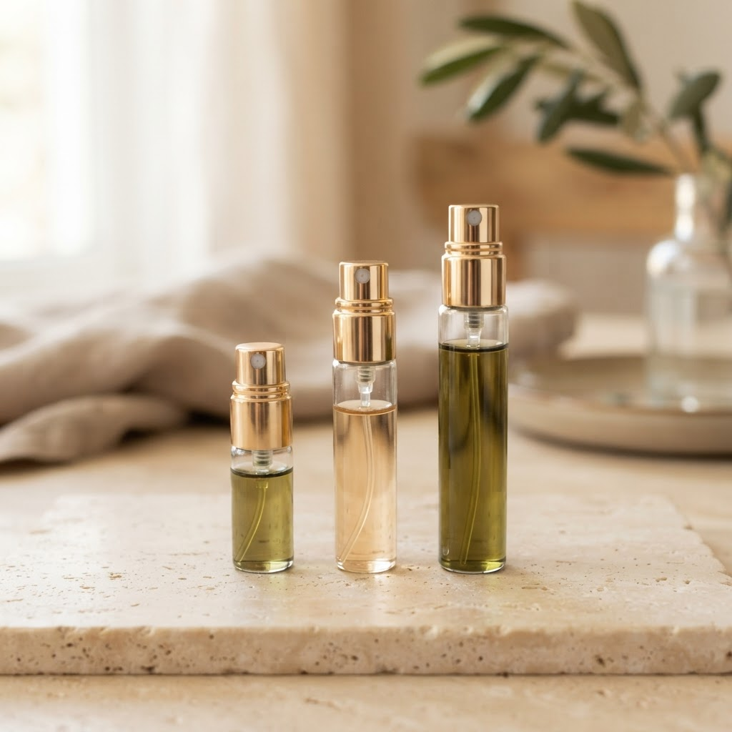 Decants de perfume de 2, 5 y 10 mililitros con atomizador dorado