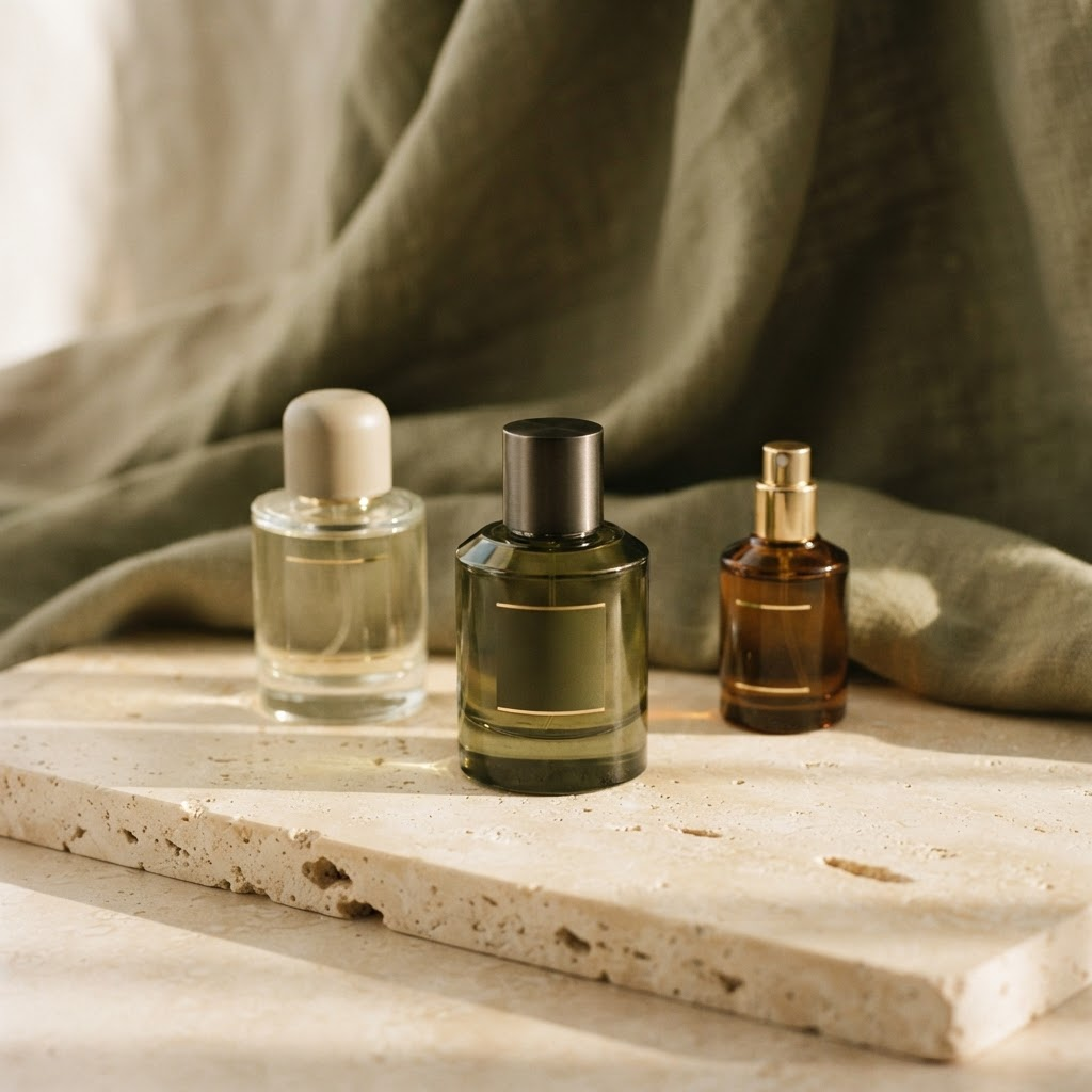 Colección de perfumes de nicho de Casa Durán sobre una superficie de piedra cálida